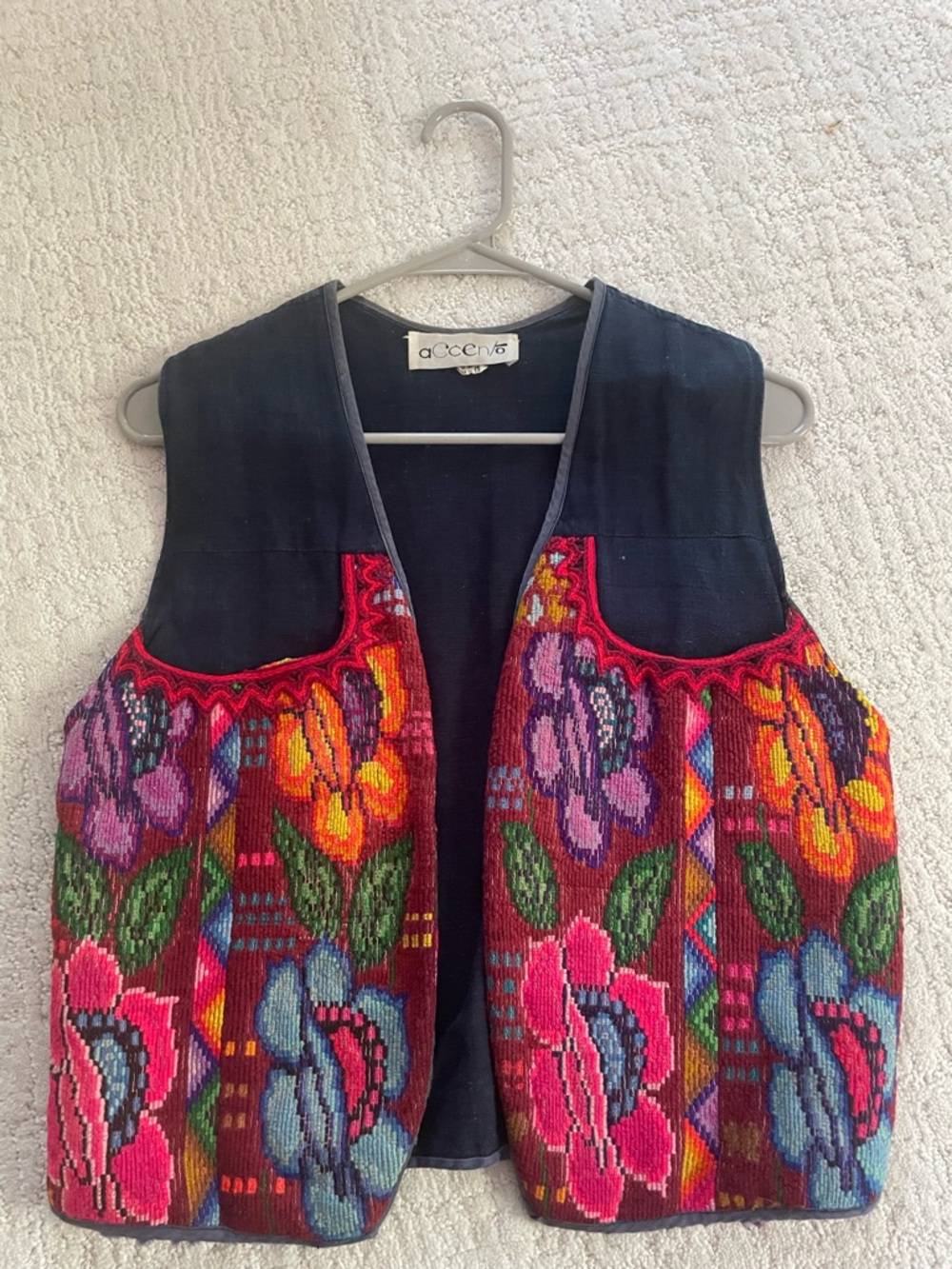 Vintage Multicolor Floral Embroidered Vest Denim Handmade Bohemian Festival